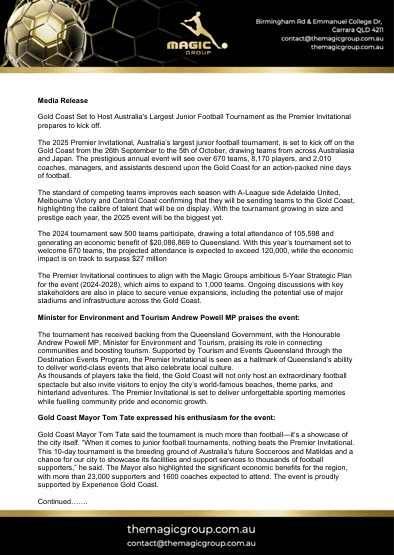 Premier Invitational 2025 Media Release